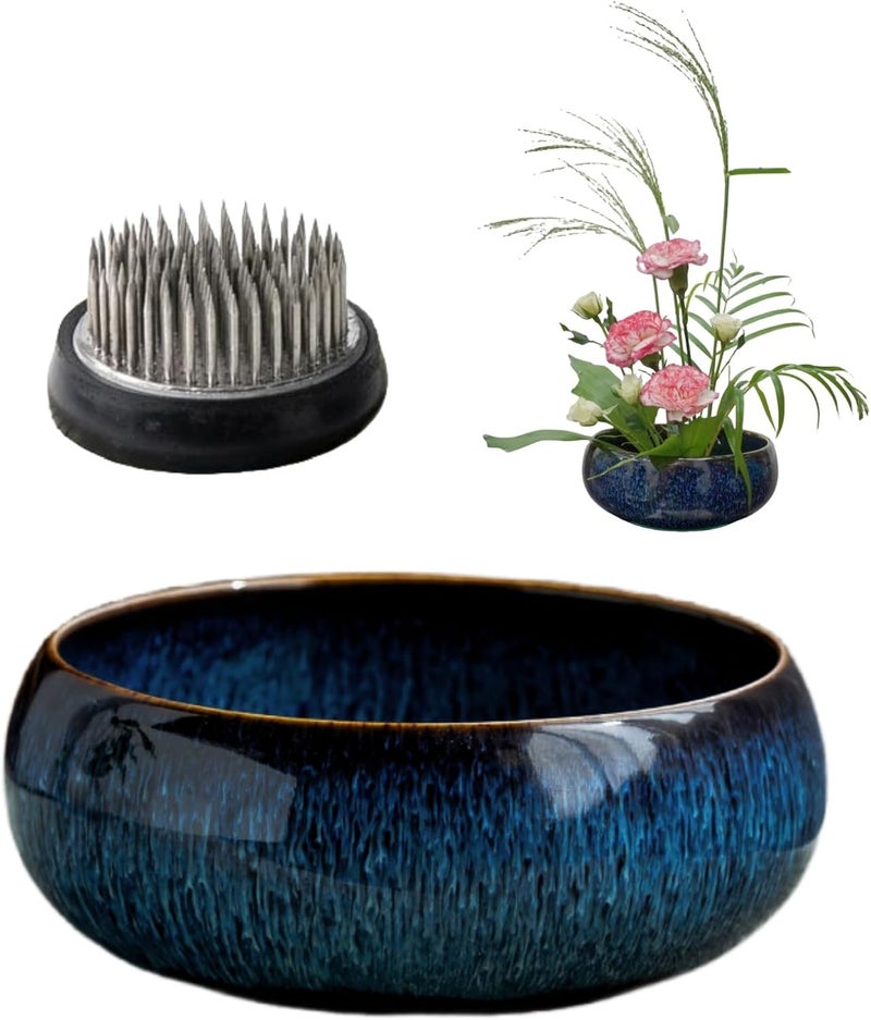FLARINGEXTRA1 Water Lotus Bowl Planter Kit - Japanese Compote Bowl Ikebana Vase Set w/ 1.8" Floral Frog- Ideal for Ikebana, Flower Arrangement & Hydroponic Planting (Blue) - Image 1